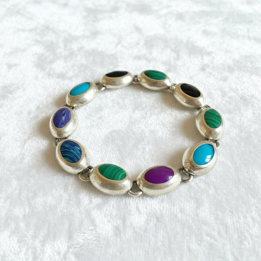 8 inch Mexican 925 stamped by artisan Multicolor Cabochon Bracelet​ - Picture 2 of 6